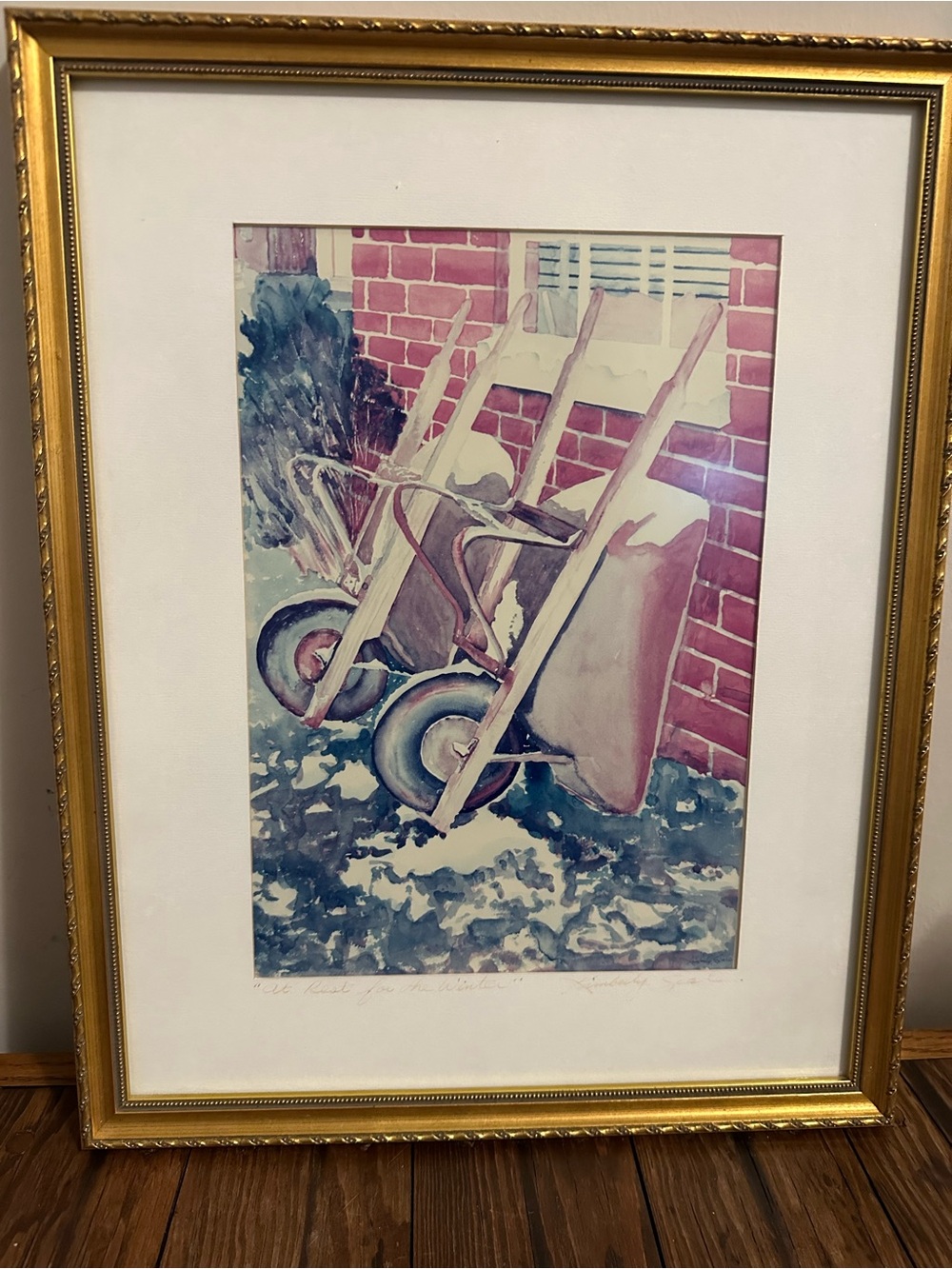 Framed Wheelbarrows Watercolor Art Print in Blue and Pink